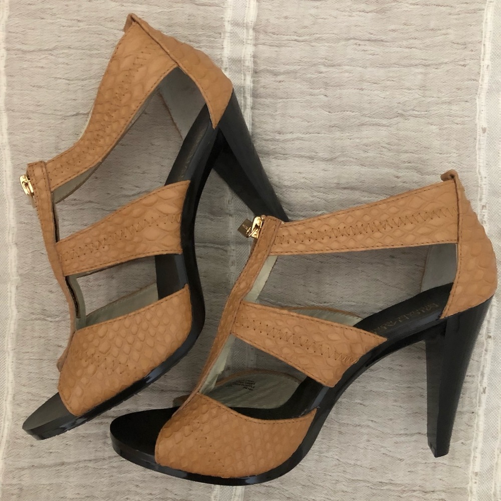 NWOT- Michael Kors Berkley T-Strap Heels, Peanut Embossed Leather size 8.5M